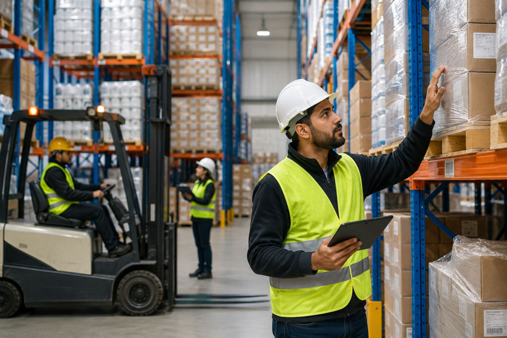 Warehouse worker inspecting palletized goods